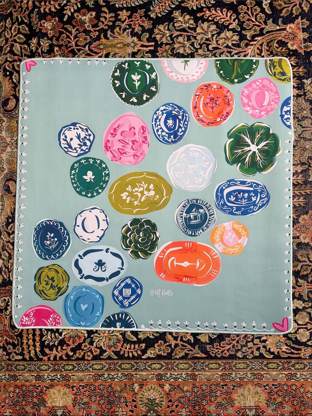 Colorful Mahjong Mat Chinoiserie Plates Floral Game Table Mat 31 inches